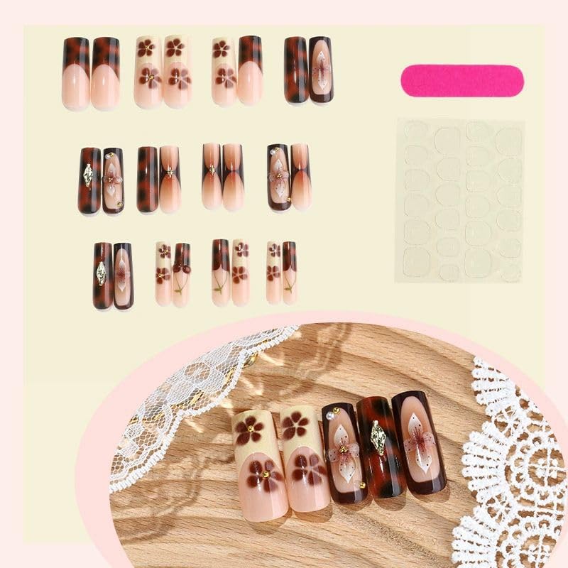 QQPPOLIU أظافر لاصقة طويلة مربعة بنية اللون من QQPPOLIU بتصميم زهور للنساء والفتيات - Image 3